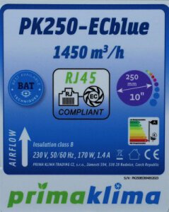 RVK 250 mm Prima Klima EC 1450 m&sup3;/h OHNE REGLER - RJ45